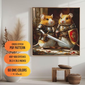 Cross Stitch Pattern PDF Funny Animals, Hamsters knights, counted cross stitch, full coverage, cute animal, digital design, DMC, tapestry