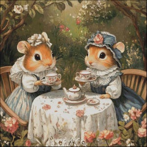 May include: Two brown mice wearing blue and white dresses and hats are sitting at a table with a white tablecloth and floral pattern. They are having tea with teacups and a teapot.