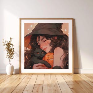 Anime Cross Stitch Pattern, PDF Witch and black cat, digital pattern, cute halloween cross stitch, pumpkin, cat embroidery, dmc, design