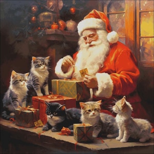 May include: Santa Claus in a red suit and white beard is wrapping presents while four kittens watch. The kittens are sitting on a table with wrapped presents in front of them. The scene is set in a cozy room with a fireplace and Christmas decorations.