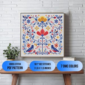 Kreuzstich Stickmuster PDF Folk Vögel, Skandinavische Volkskunst, Stickmuster, Wanddeko, DMC, Vintage, minimalistisch