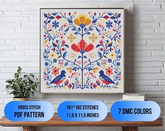 Patrón de punto de cruz en PDF: Aves populares, arte popular escandinavo, bordado fácil, decoración de pared, DMC, vintage, minimalista, muestrario primitivo.