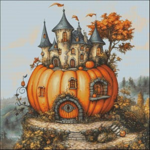 May include: A whimsical illustration of a fairytale castle built on top of a large orange pumpkin. The castle has a pointed roof, multiple towers, and windows. The pumpkin is sitting on a rocky ledge with a path leading up to it.