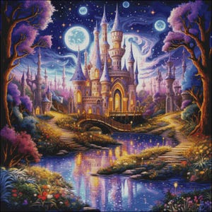 May include: A vibrant, fantasy-themed illustration of a castle at night. The castle, with multiple spires, is lit with warm light, reflecting in the water below. The scene includes a bridge, trees, and a starry sky with a full moon.