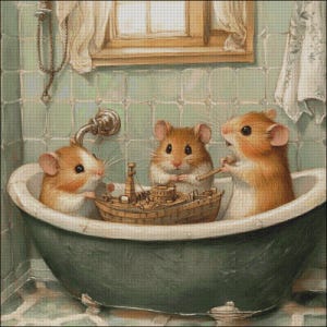 May include: Three brown mice playing with a wooden toy ship in a white bathtub with a green exterior. The mice are sitting on the edge of the tub and the ship is floating in the water.