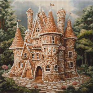 May include: A gingerbread house with a stone facade, decorated with white icing and candy. The house has multiple towers and windows, and is surrounded by green trees.