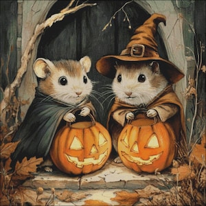 May include: Two small brown mice dressed in Halloween costumes, one wearing a witch's hat and the other a cape, are holding jack-o'-lantern buckets.