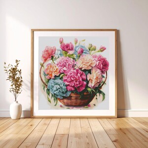 クロスステッチパターン枕バスケットの花、刺繍、PDF、デジタルパターン、かわいいクロスステッチ、壁飾り、DMC、デジタルダウンロード