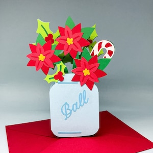 Cartão de Natal SVG, buquê de Natal 3D, cartão de caixa de poinsétia 3D, cartão pop-up de Natal, cartão pop-up SVG, poinsétia SVG, cartão de Natal DIY