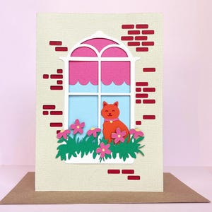 Cat in Window SVG Card | Cute Cat Papercut Template | DIY Flower Window Card for Cricut & Silhouette
