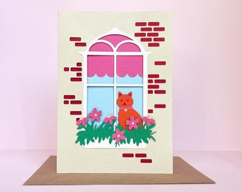 SVG-kaart kat in venster | Cute Cat Papercut-sjabloon | Zelfgemaakte bloemenraamkaart voor Cricut & Silhouette