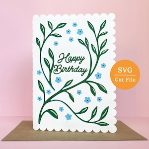 Cartão SVG de Feliz Aniversário | Arquivo de corte com borda floral recortada | Cartão Cricut & Silhouette DIY
