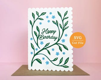 Happy Birthday Day SVG Card | Floral Scalloped Edge Cut File | Cricut & Silhouette DIY Card