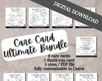 9 - Care Card Bundle Pack / Digital Download / Candle Care Card / Washing Care Card / Cup Care Card / Wax Melt Care Card / Thank You Card