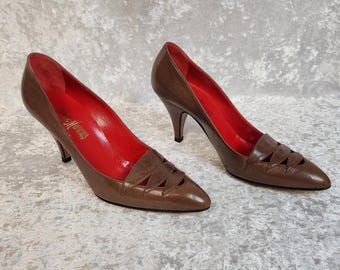 Nuevos tacones vintage Pancaldi Anilina de piel color cacao para mujer, talla 6.5 AA