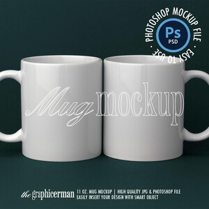 May include: Two white ceramic mugs with a simple design, perfect for adding your own custom text or image. The mugs are 11 ounces each and are easy to personalize with a smart object.