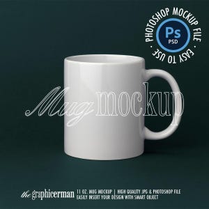 May include: White ceramic mug mockup with a green background. The mug is 11 ounces and is easy to customize with a smart object.