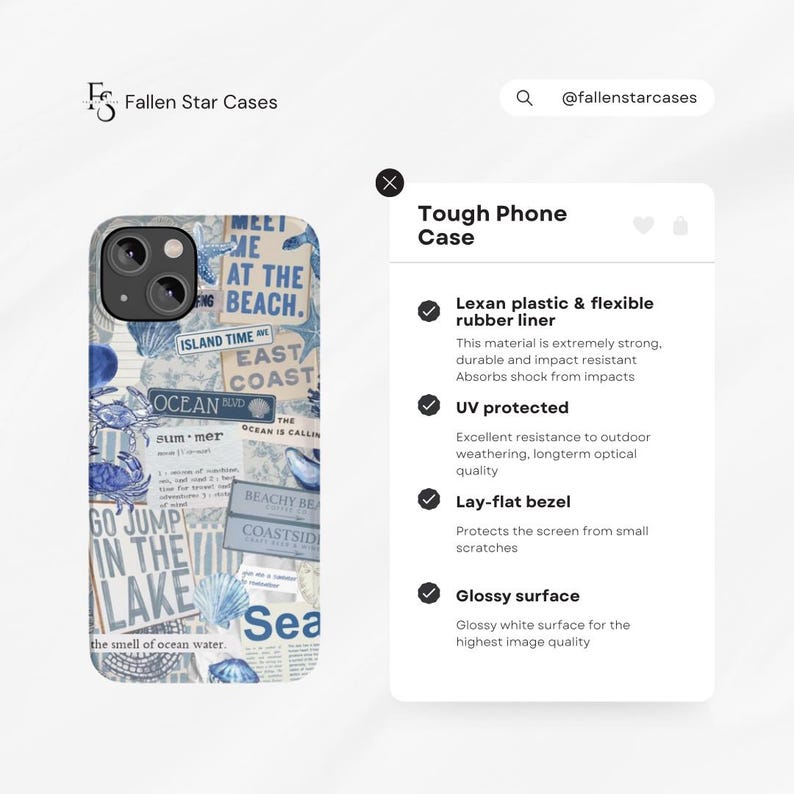 May include: A phone case with a collage of blue and white images, including text like "Meet Me at the Beach", "Island Time", "East Coast", "Ocean Blvd", "Summer", "Go Jump in the Lake", and "Sea". The case is made of Lexan plastic and has a flexible rubber liner, UV protection, a lay-flat bezel, and a glossy surface.