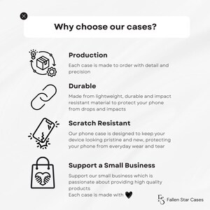 May include: Why choose our phone cases?  A graphic shows four reasons: Production, Durable, Scratch Resistant, and Support a Small Business. Each reason is illustrated with a simple icon.