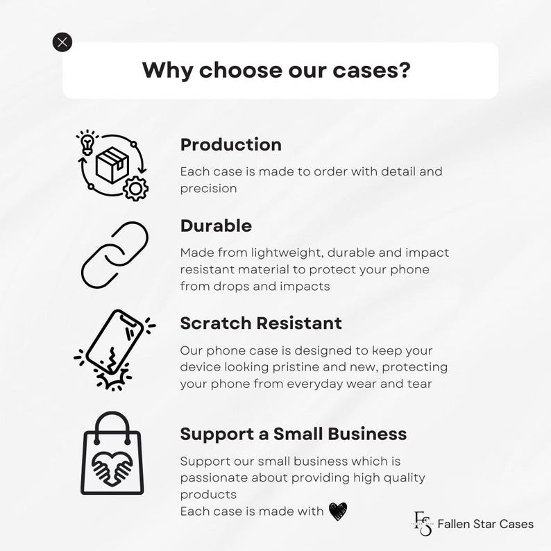 May include: Why choose our phone cases?  A graphic shows four reasons: Production, Durable, Scratch Resistant, and Support a Small Business. Each reason is illustrated with a simple icon.