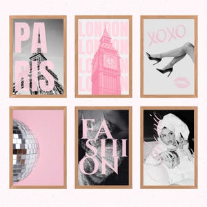 Op de afbeelding: Zes ingelijste kunstprints met een modethema. De prints tonen afbeeldingen van de Eiffeltoren met de tekst "PARIS", Big Ben met de tekst "LONDON", benen in hakken met de tekst "XOXO", een discobal, het woord "FASHION" en een vrouw met een handdoek op haar hoofd.