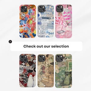 May include: Six different iPhone cases with various colorful and patterned designs. The designs include a collage of images with text, a collage of images with text, a collage of images with text, a collage of images with text, a collage of images with text, and a collage of images with text.