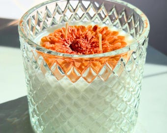 Dahlia Flower Candle | Floral Sandalwood Scent | Coconut Apricot Wax | Crystal Vessel