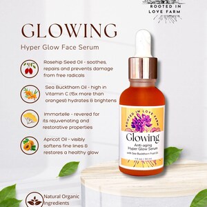 Anti-aging hyper glow serum named Glowing with Sea Buckthorn Fruit Oil and Helichrysum oil