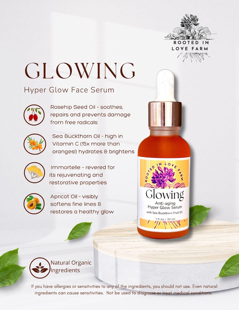 Anti-aging hyper glow serum named Glowing with Sea Buckthorn Fruit Oil and Helichrysum oil