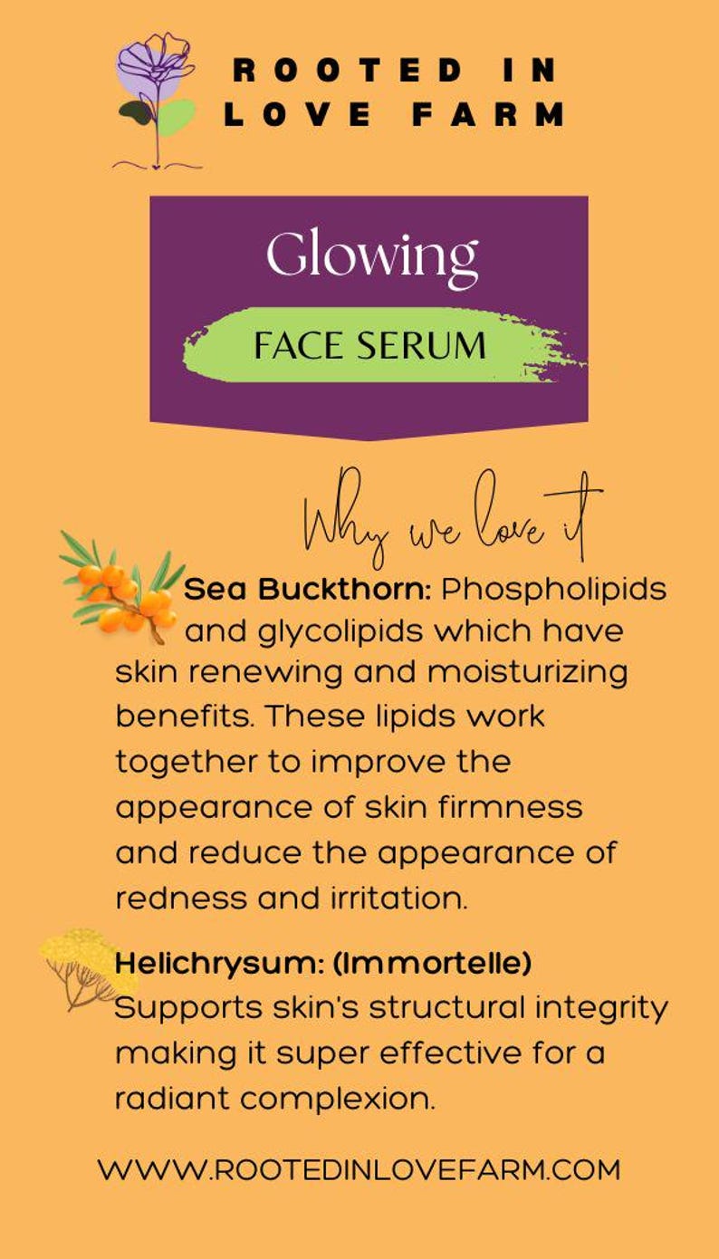 Anti-aging hyper glow serum named Glowing with Sea Buckthorn Fruit Oil why we love it ingredients card