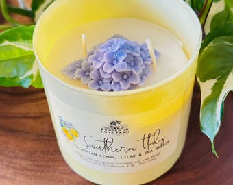 Lemon Lilac Soy Candle: Southern Italy Scent, Flower Embed, Butter Yellow Glass | Natural Wax