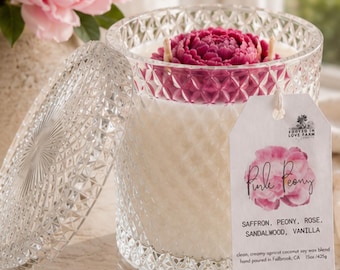 Pink Peony Candle | Floral, Elegant Embed | Crystal Vessel | Gift Ready