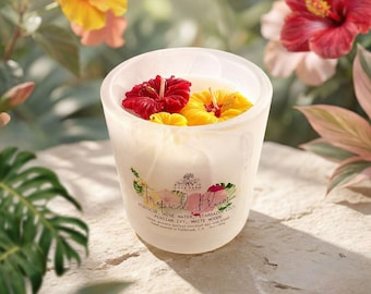 Hibiscus Flower Candle: Tropical Bloom Scented, Island Escape, Flower Embed | Natural Wax