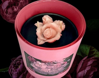 Dark & Moody Candle w/Rosebud Flower Embed | Rose + Sensual Patchouli, Labdanum Scented | Natural Wax