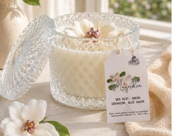 Magnolia Flower Candle | Sea Mist, Magnolia, Blue Agave Scent | Coconut Apricot Wax | Crystal Vessel