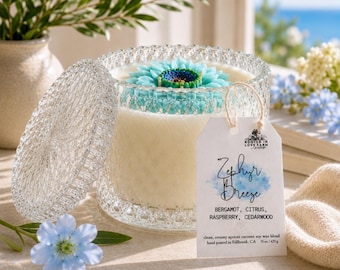 Zephyr Breeze Flower Candle | Bergamot, Raspberry, Cedarwood Scent | Coconut Apricot Wax | Crystal Vessel