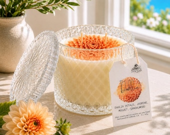 Dahlia Flower Candle | Floral Sandalwood Scent | Coconut Apricot Wax | Crystal Vessel