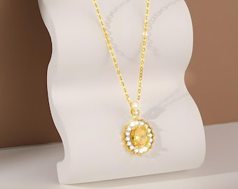 Citrine Style Crystal Pendant Necklace - Gold Halo, Dainty Jewelry Gift