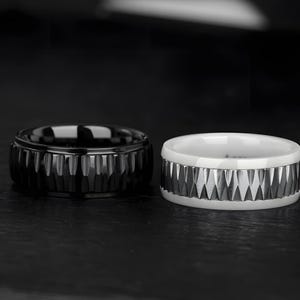 Geometric Carved Ceramic Ring: Black & White Tungsten Inlay Wedding Band