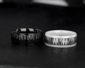 Geometric Carved Ceramic Ring: Black & White Tungsten Inlay Wedding Band