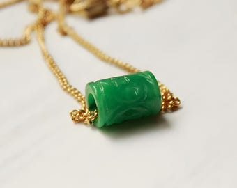 Green Jade Barrel Pendant Necklace, Gold Chain, Minimalist Jewelry