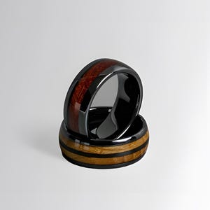Black Ceramic Ring with Wood Inlay: Rustic Tungsten Style Wedding Band