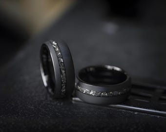 Men's Black Tungsten Ring: Genuine Meteorite Inlay Wedding Band