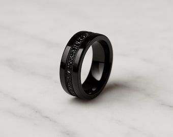 Black Zirconia Ring: Polished Ceramic Band with Crushed Stone Inlay
