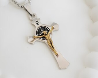 Kruzifixhalskette mit Medaille des Heiligen Benedikt - Zweifarbiger katholischer Kreuzanhänger, INRI Jesus, religiöses Schmuckgeschenk