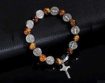 Pulsera Rosario de San Benito de piedra natural: Crucifijo católico protector, regalos de Navidad