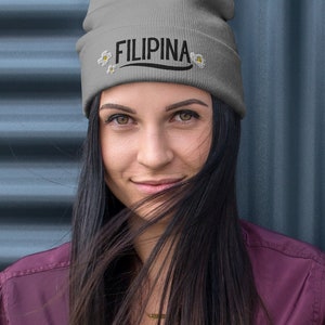 Filipina Embroidered Beanie with Sampaguita Flowers, Winter Hat