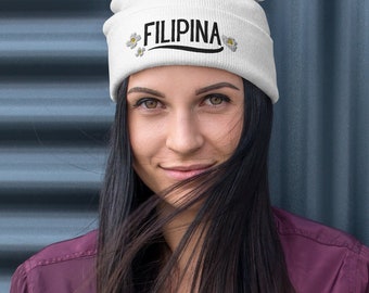 Filipina Embroidered Beanie with Sampaguita Flowers, Winter Hat