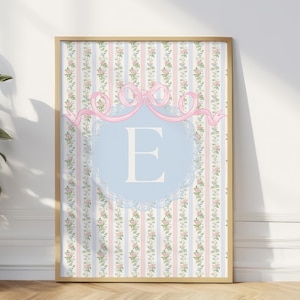 Personalized Coquette Wall Art with Initial – Loveshack Fancy Inspired Digital Download – Pink Floral Bow Print for Nursery or Girls Room
