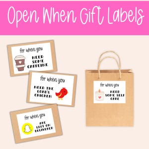 May include: A collection of "Open When Gift Labels" with various prompts. Labels include "Need Some Caffeine," "Need the Lord's Chicken," "Are Left on Delivered," and "Need Some Self Care." A brown paper gift bag is also included.